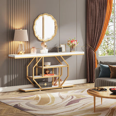 modern sofa table placed behind couch with books and decor
