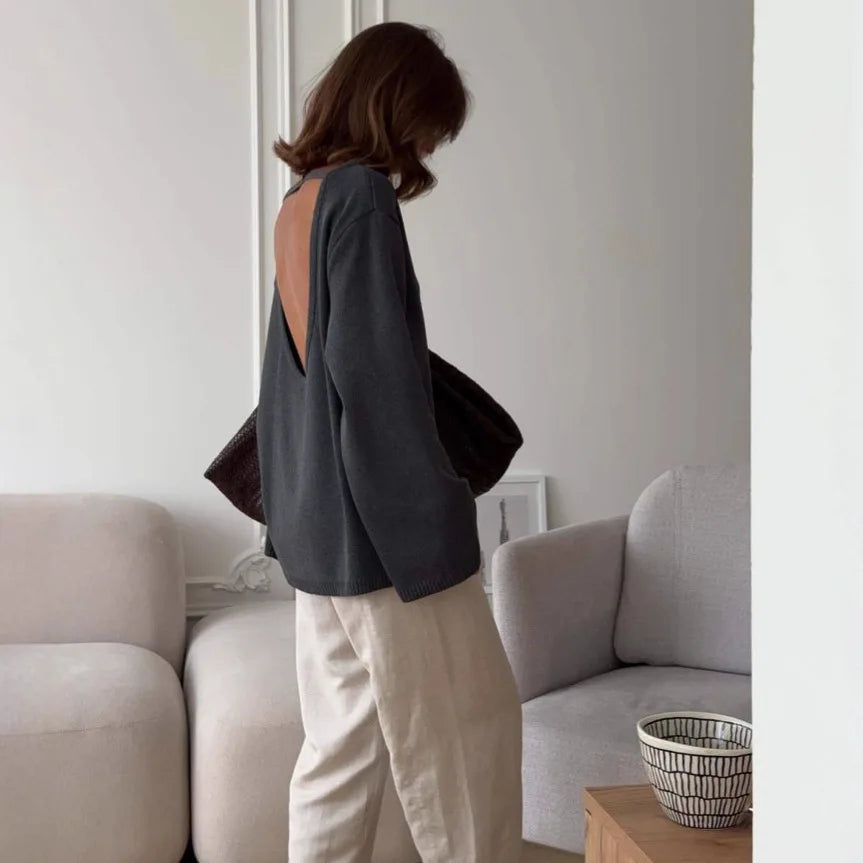 Soft open-back sweater perfect for cozy chic layering and Pinterest-inspired outfits