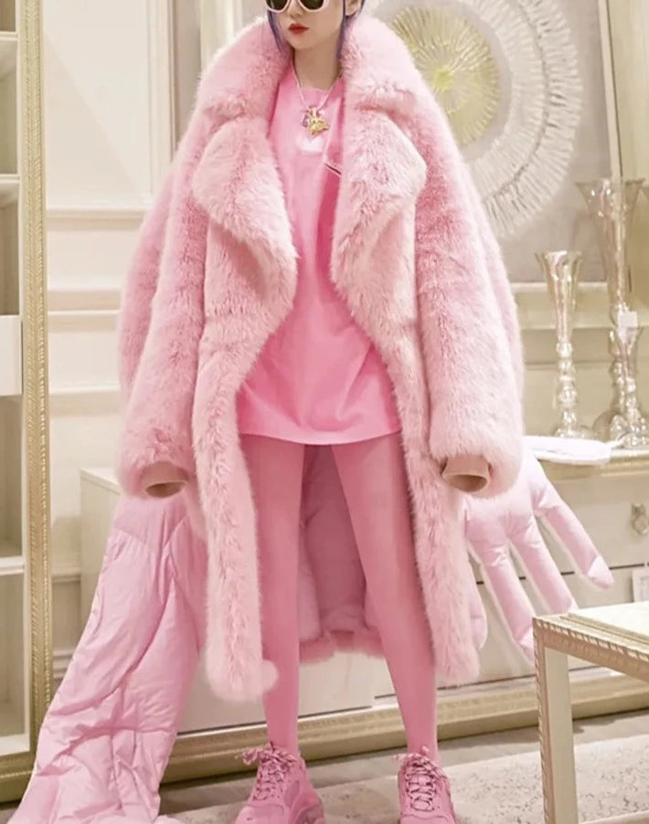 Soft pink faux fur long winter overcoat