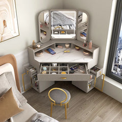 Corner dressing table in solid wood with a wide mirror and a stool