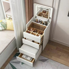 Solid wood flip-top vanity cabinet beside a bed
