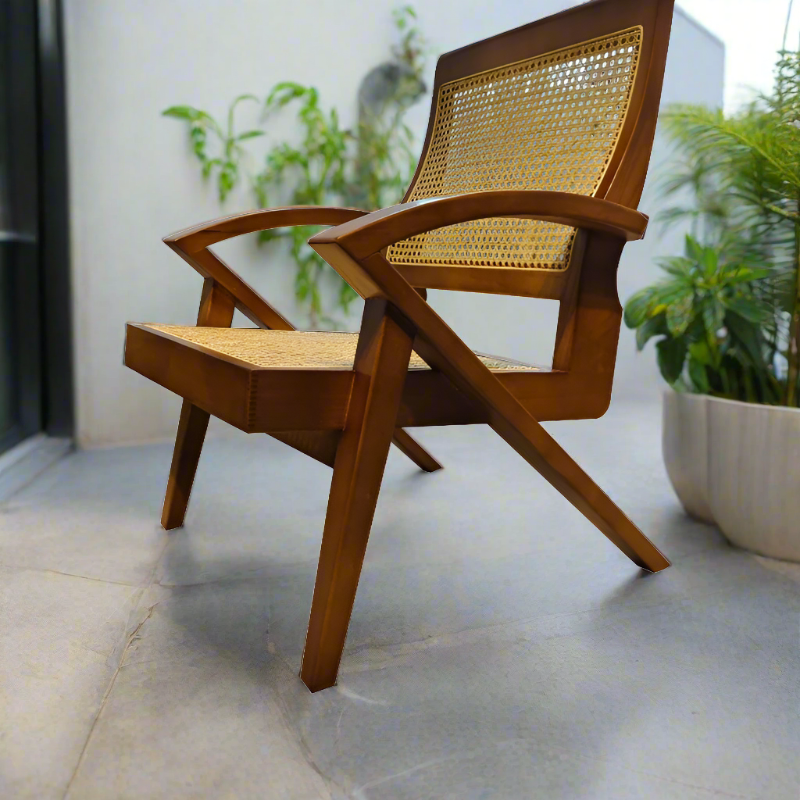 Solid wood rattan single armchair in natural finish