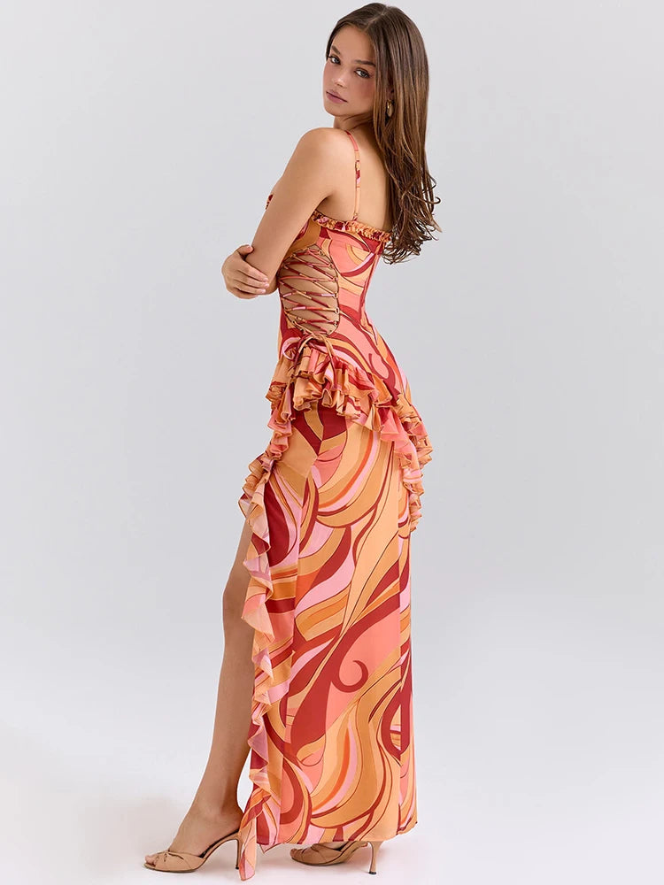 Spaghetti strap A-line sunset swirl print gown