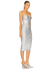 Spaghetti strap bodycon midi gown with reflective fabric