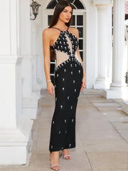 Spaghetti strap crystal bodycon gown with sleeveless design