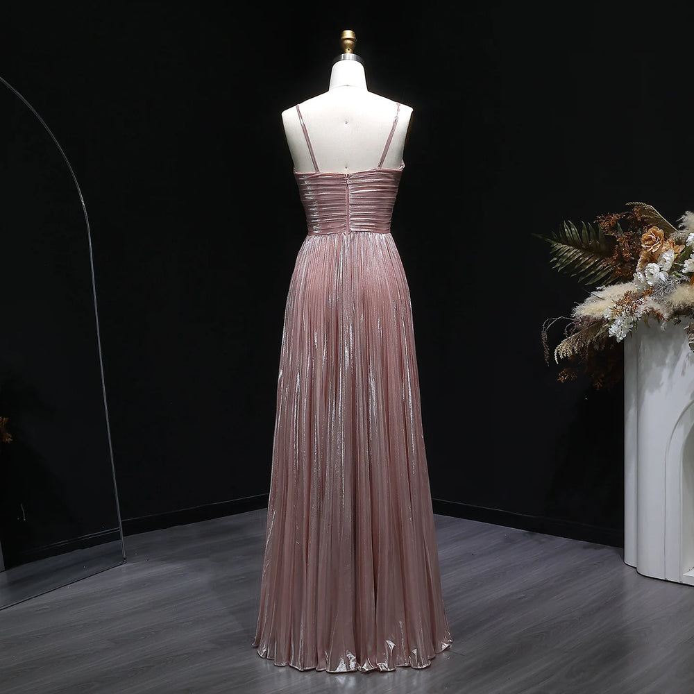 Floor-length prom dress with boat neckline and softly gathered bodice