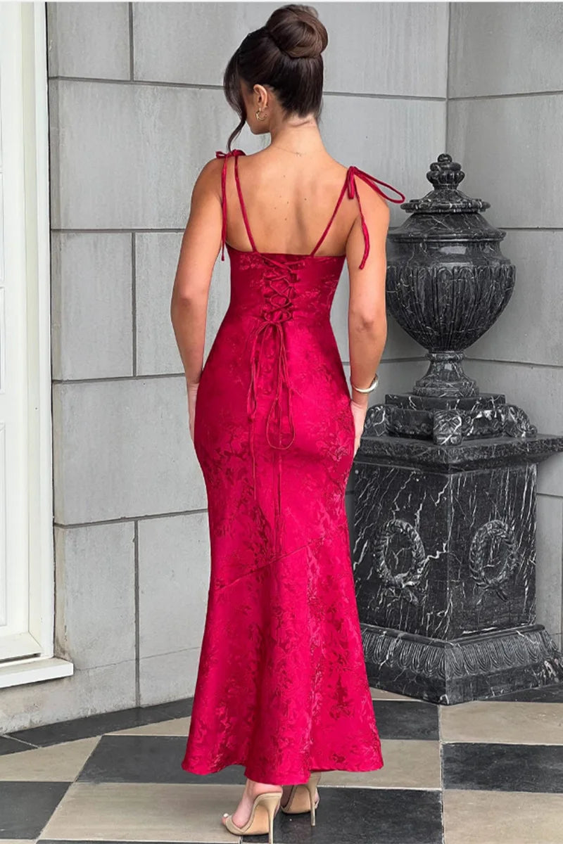Spaghetti strap lace-up back dress shown for formal event wear