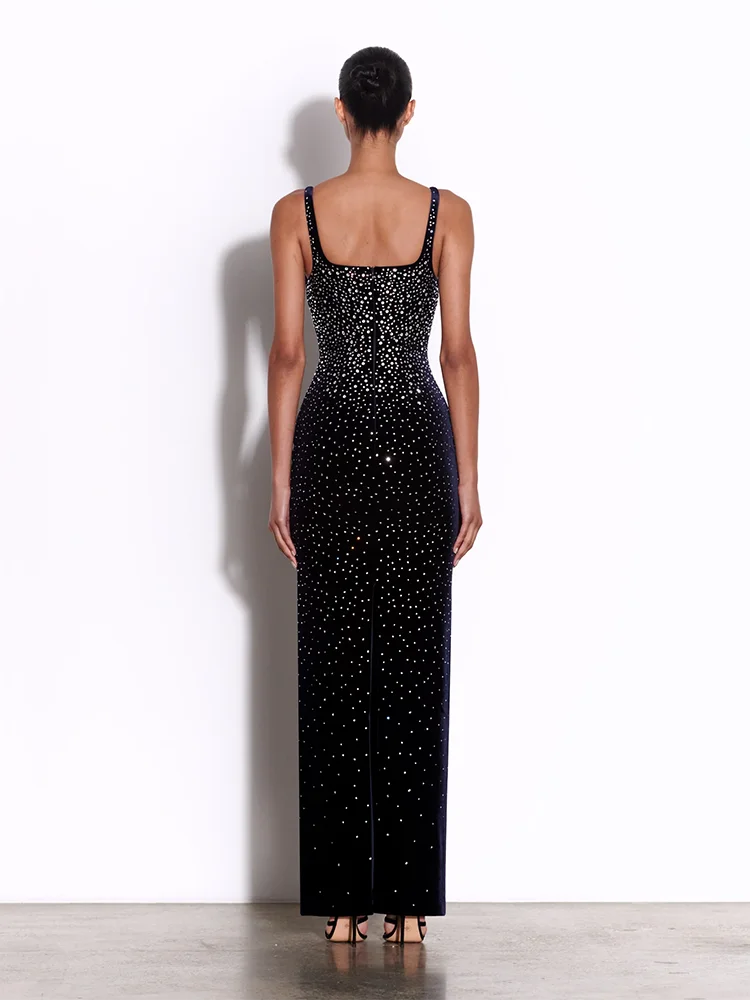 Spaghetti strap sheath gown with floral appliques and diamonds