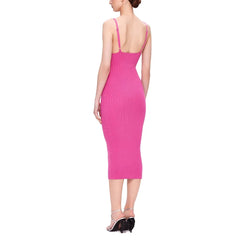 Sleeveless sheath midi dress with asymmetric split hem detail