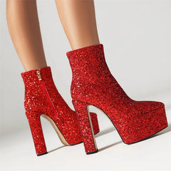 Chunky heel red sequin boots with zipper closure