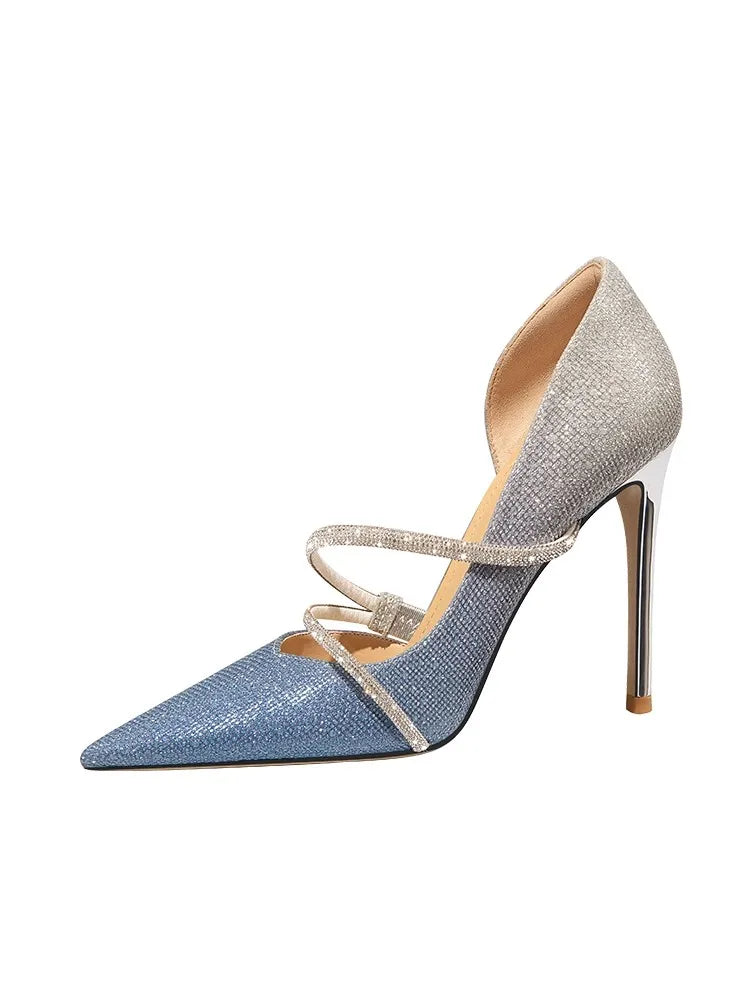 Sparkle pointed party pumps in blue with crystal crossover straps