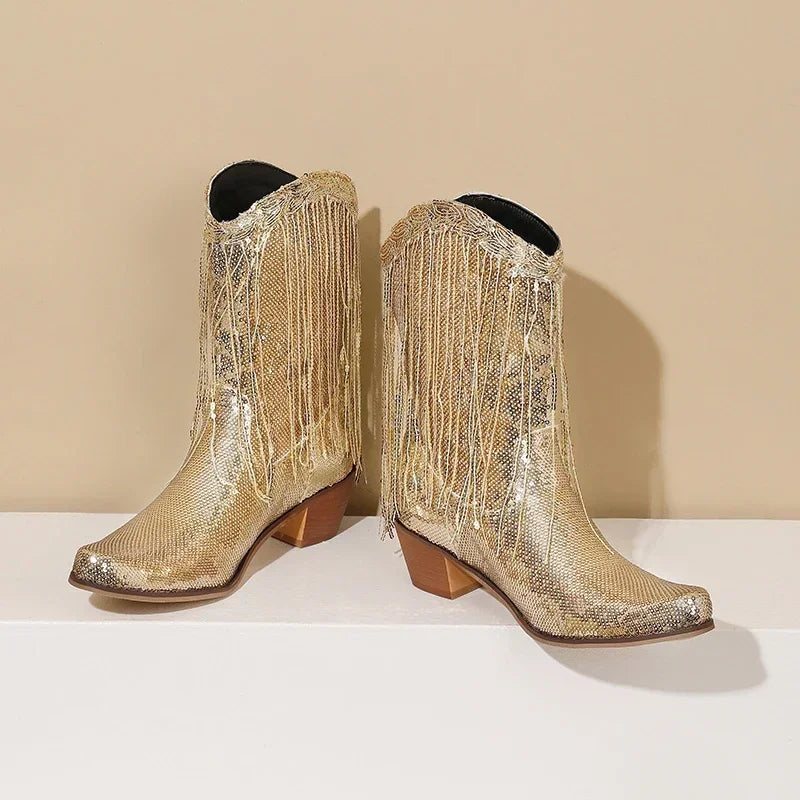 Sequined western boot with slip-on design