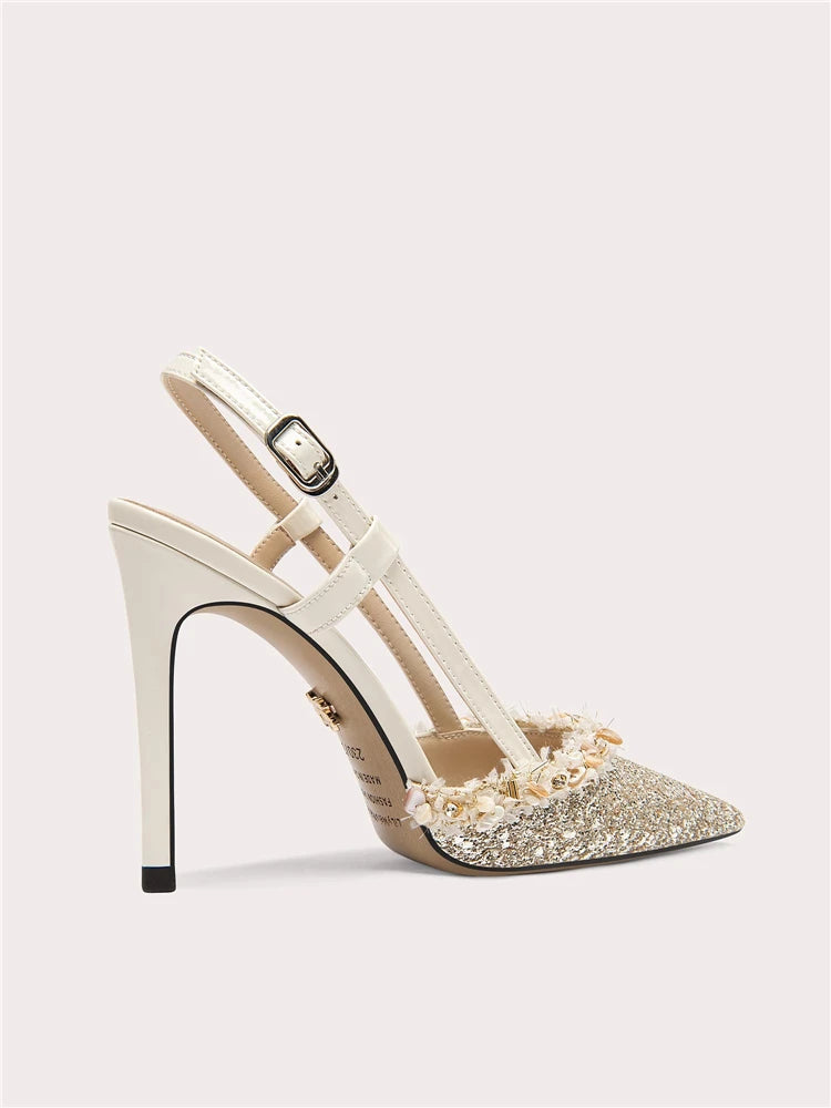Women’s gold banquet sandals with beaded straps