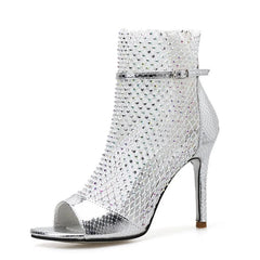 Silver mesh ankle heels with peep toe