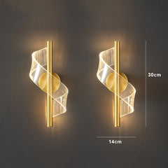 Gold acrylic diffuser LED indoor hanging lamp illuminating cozy living space with measurements.