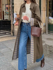 Spliced plaid trench coat designed for everyday fall layering

