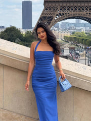 Split hem blue maxi dress for women at city event