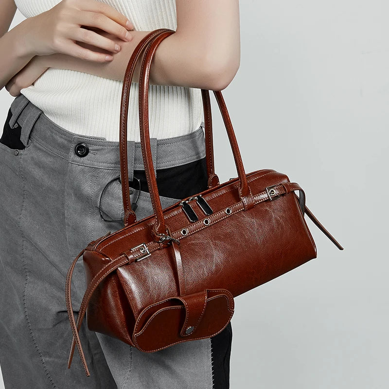 Structured split leather women’s shoulder bag