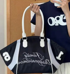 Black sports nylon tote bag with letter embroidery and white handles