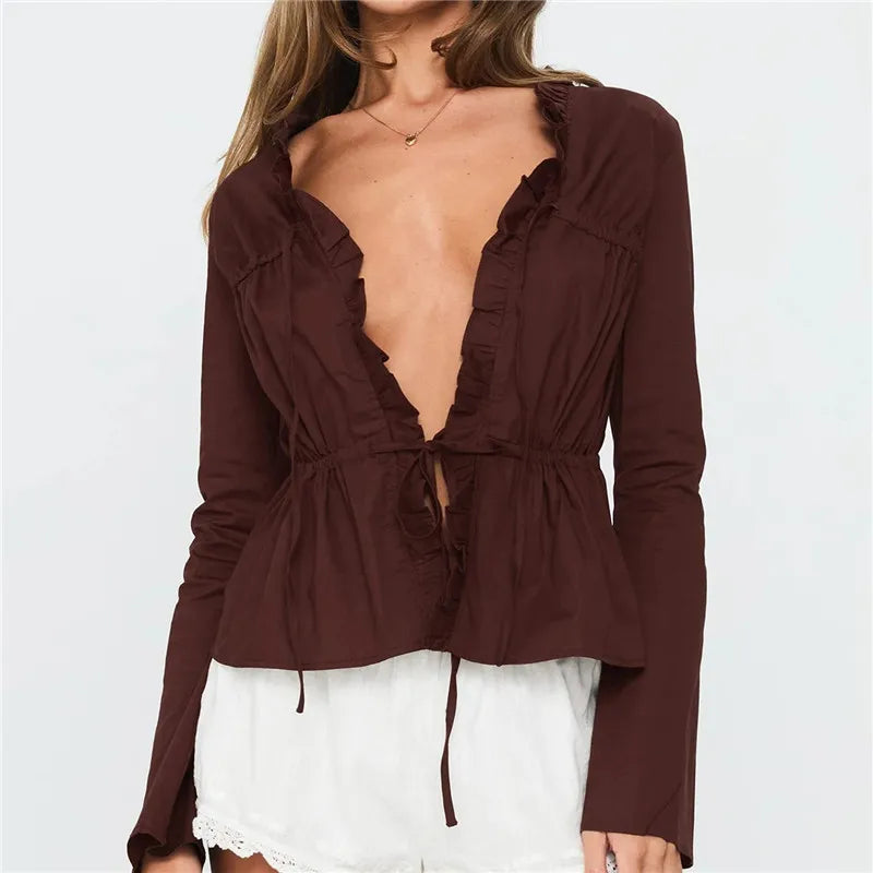 Spring and autumn brown blouse styled with neutral bottoms and accessories