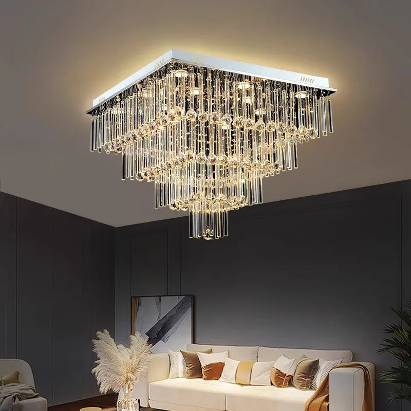 Square crystal ceiling chandelier in a modern living room