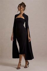 Square-neck cape sleeve dress with sculptural movement