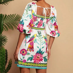 Square neck summer dress with high waist pleating and puff sleeves
