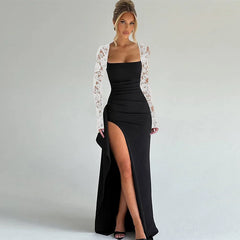 Square neckline black maxi dress with a dramatic side slit in a sleek silhouette