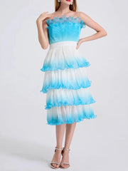 A front view of a women's square-neck midi gown, highlighting the A-line silhouette.
