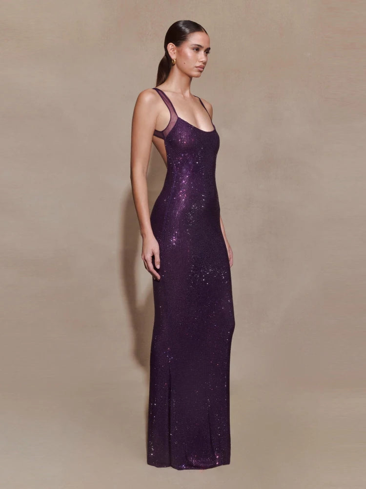 Square-neck purple rhinestone dress with ankle-length silhouette