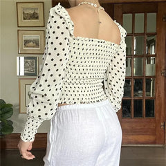 Square neck smocked crop top with polka dots for Pinterest statement looks