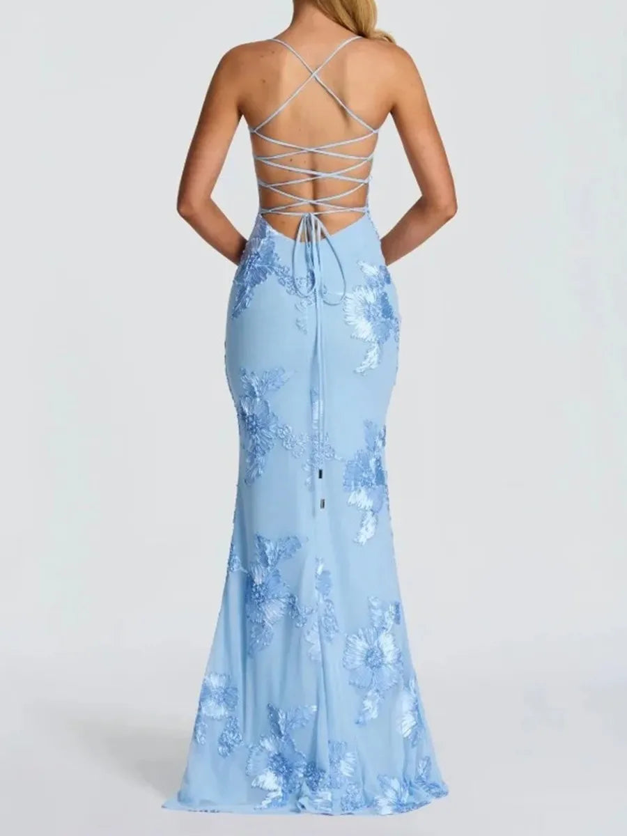 Spaghetti strap floor-length dress with fitted bodice and embroidered detailing