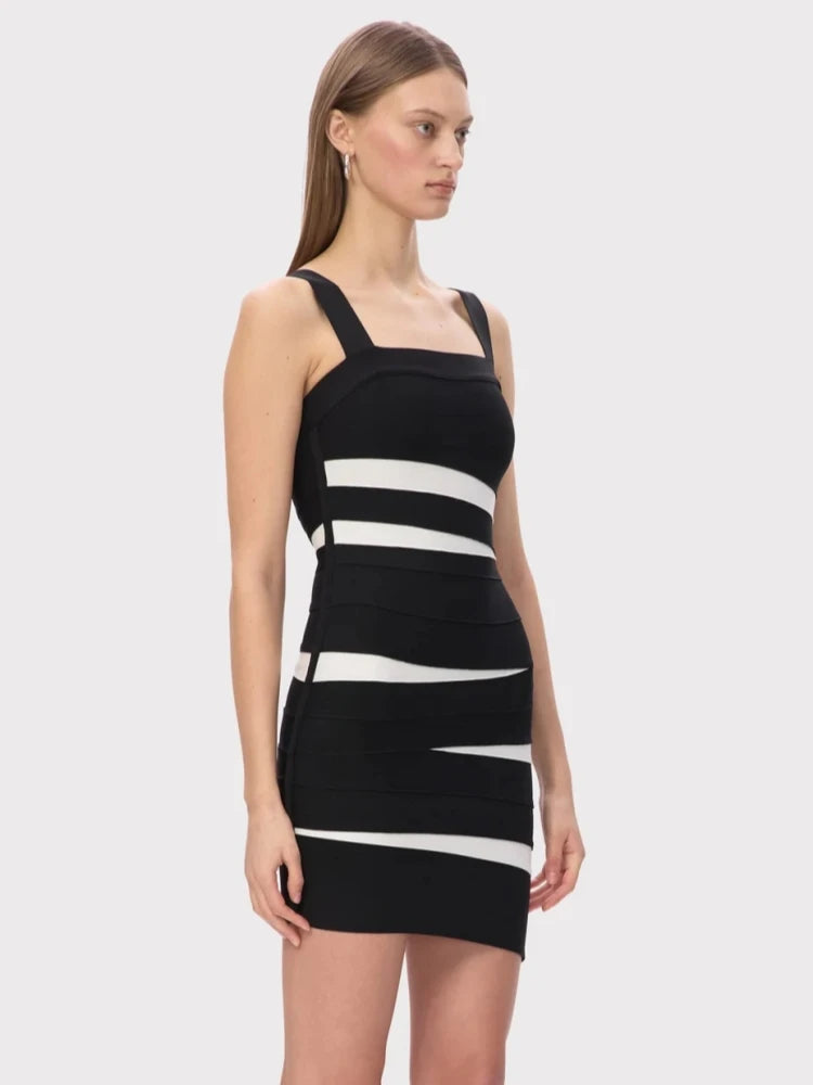 Upper-body detail highlighting the square neckline and shoulder straps, with a snug contoured fit through the bust and waist.