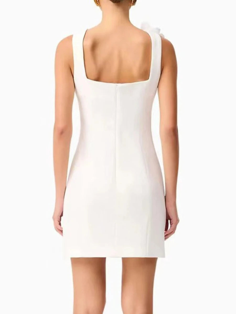 White sheath mini dress with dimensional flower details