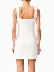 White sheath mini dress with dimensional flower details