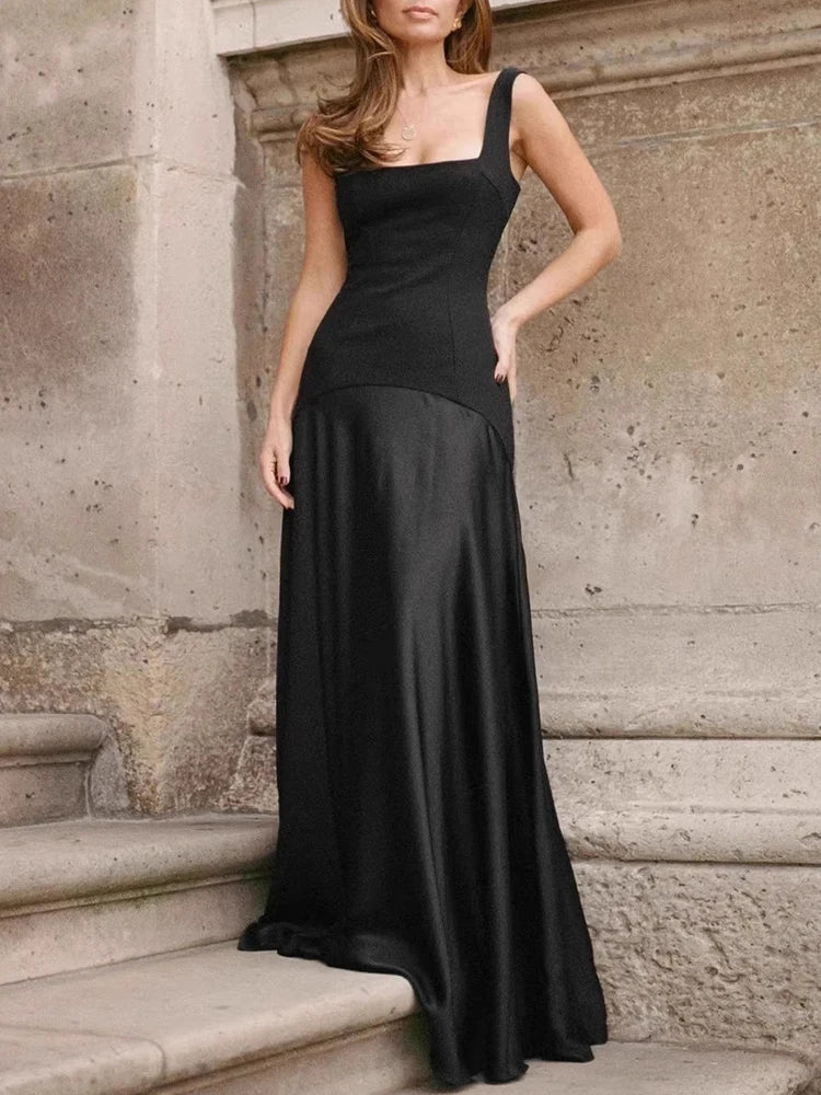 Close-up of the square neckline and structured bodice, showing clean seam lines and a smooth finish designed to sit securely.