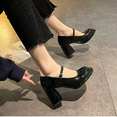 Square toe Mary Jane high heel pumps in black