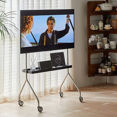 Stainless steel rolling TV stand with shelf in a living room