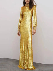 Floor-length sequin evening gown with stand collar and long sleeves