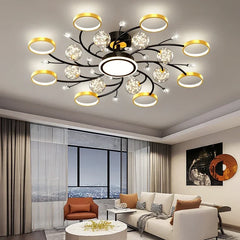 Star moon flush mount chandelier styled in a modern living room