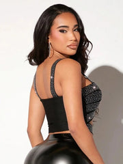 Statement bandage top with rhinestones shown for women’s bold fashion

