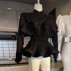 Ruffle Lantern Sleeve Shirt – Belted Korean-Style Blouse