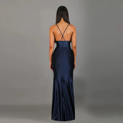 Statement blue satin ankle dress styled for special night out