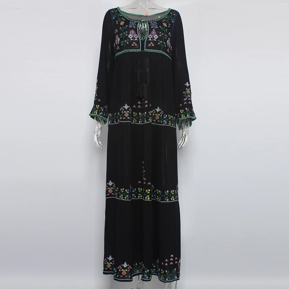 Statement embroidered formal dress for artistic travel-ready looks