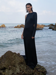 Statement chain detail formal black dress photographed for night occasions