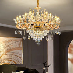 Statement foyer chandelier with G9 LED bulbs and crystal arms