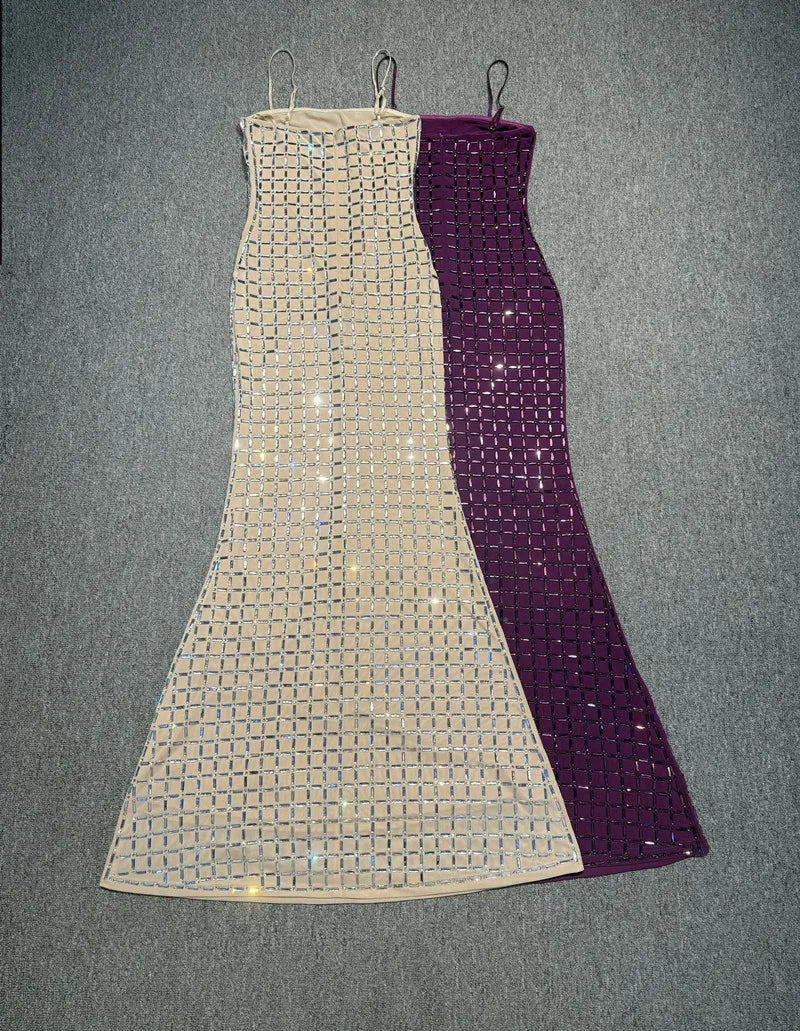 Statement strapless party dress in purple with full sequin shine