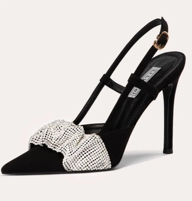 Statement party sandals in black flannel with dramatic embellished ruffle