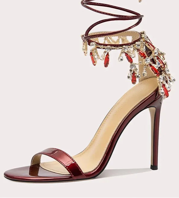 Statement party stiletto heels in red with wrap ankle design