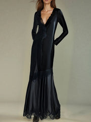 Statement patchwork long dress with scalloped lace hem detail